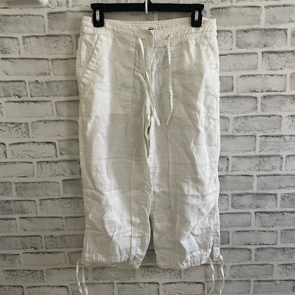 Women’s H & M white 100% linen cropped ankle tie pants size 6 - Picture 1 of 4